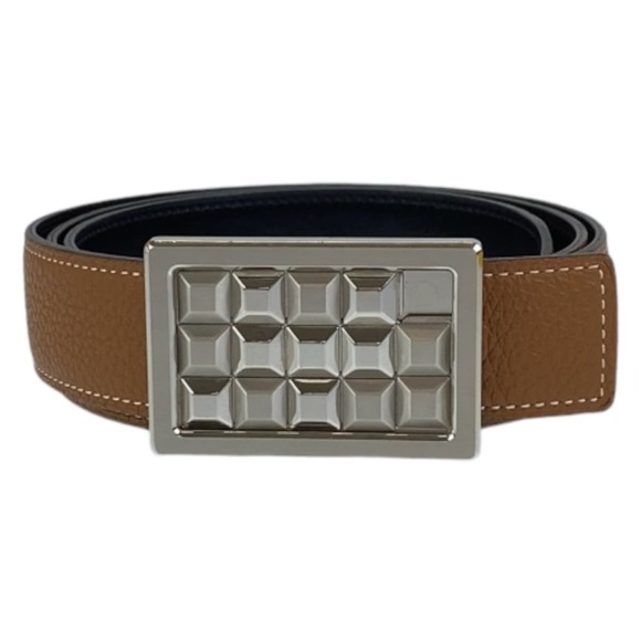 HERMES Hermes Stud Buckle Gold Camel Brown Silver Hardware Togo Box Calf Belt... - Picture 1 of 5